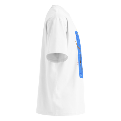 A white short-sleeve crewneck organic oversized t-shirt by Lane Line Threads featuring a colorful graphic print of a swimming pool with various stylized swimmers and divers on a clean background, shown from the right side.