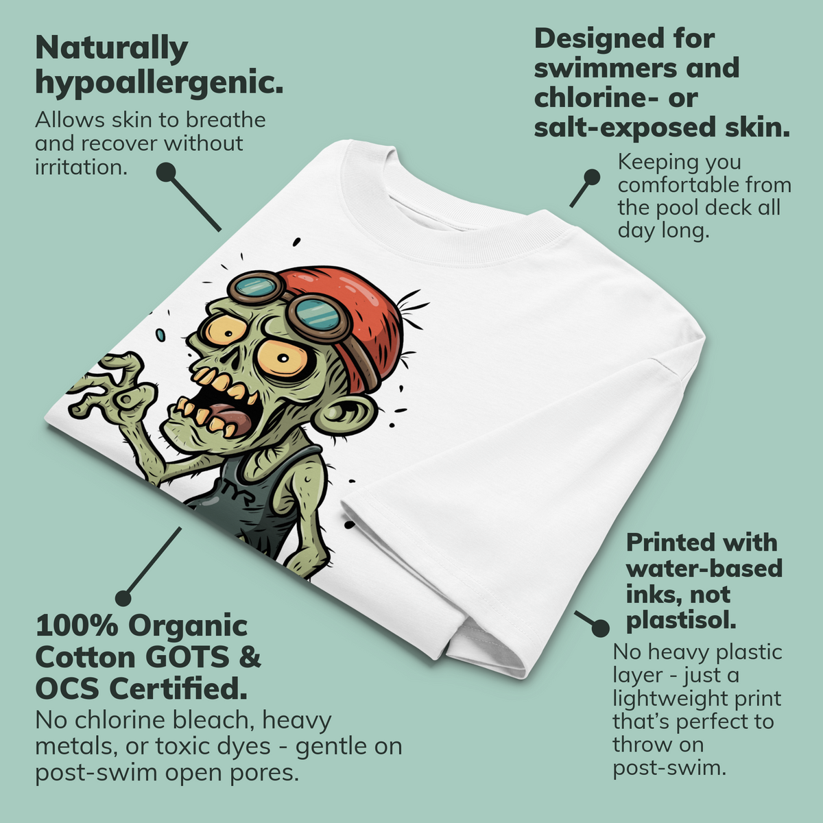 A folded white short-sleeve crewneck organic oversized t-shirt by Lane Line Threads, featuring a cartoon graphic of a zombie wearing a red swim cap and goggles, standing in water, surrounded by callout text bubbles explaining product features and materials on a muted green background.