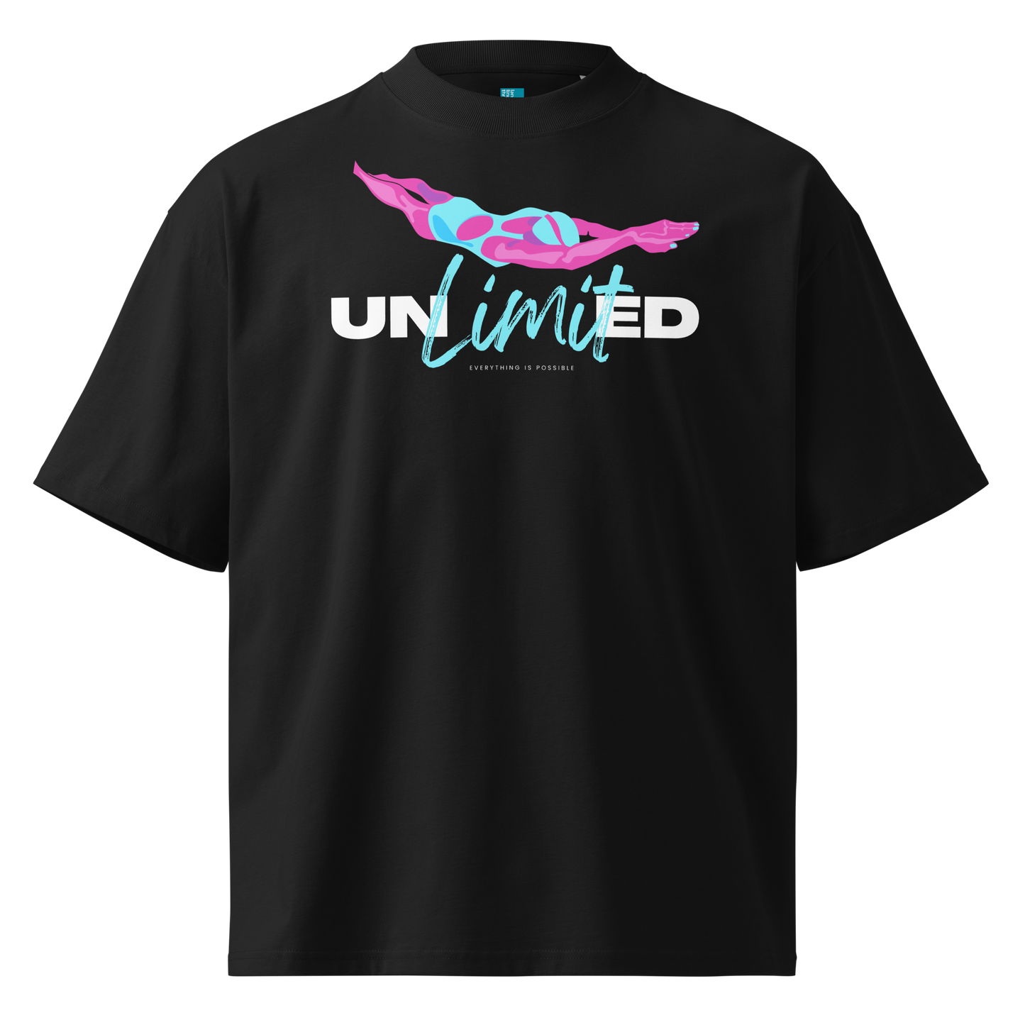 A black short-sleeve organic oversized t-shirt by Lane Line Threads with a graphic on the chest featuring a pink and blue female swimmer silhouette above the text 'UNlimited' in white and light blue.