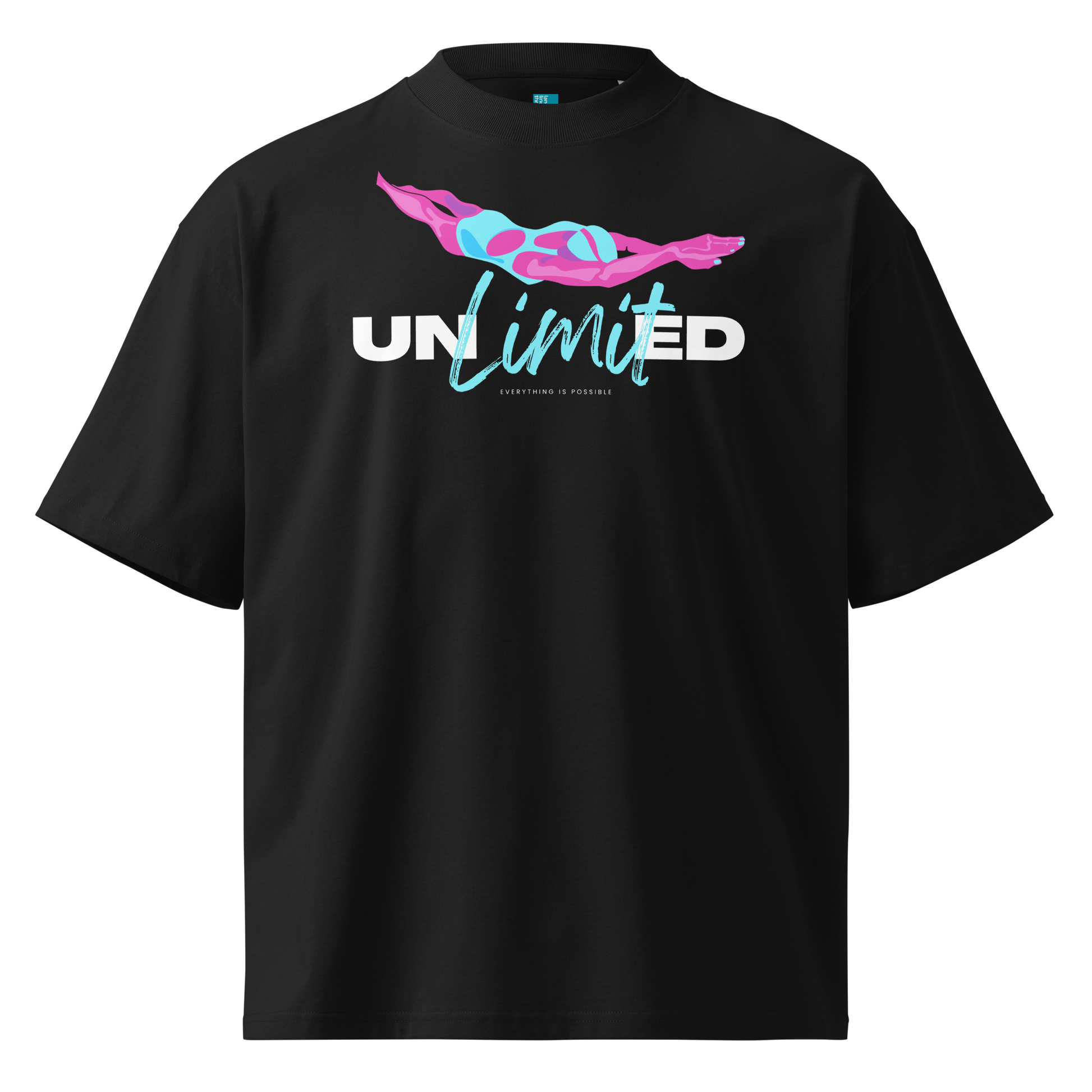 A black short-sleeve organic oversized t-shirt by Lane Line Threads with a graphic on the chest featuring a pink and blue female swimmer silhouette above the text 'UNlimited' in white and light blue.