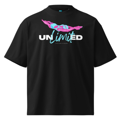 A black short-sleeve organic oversized t-shirt by Lane Line Threads with a graphic on the chest featuring a pink and blue female swimmer silhouette above the text 'UNlimited' in white and light blue.