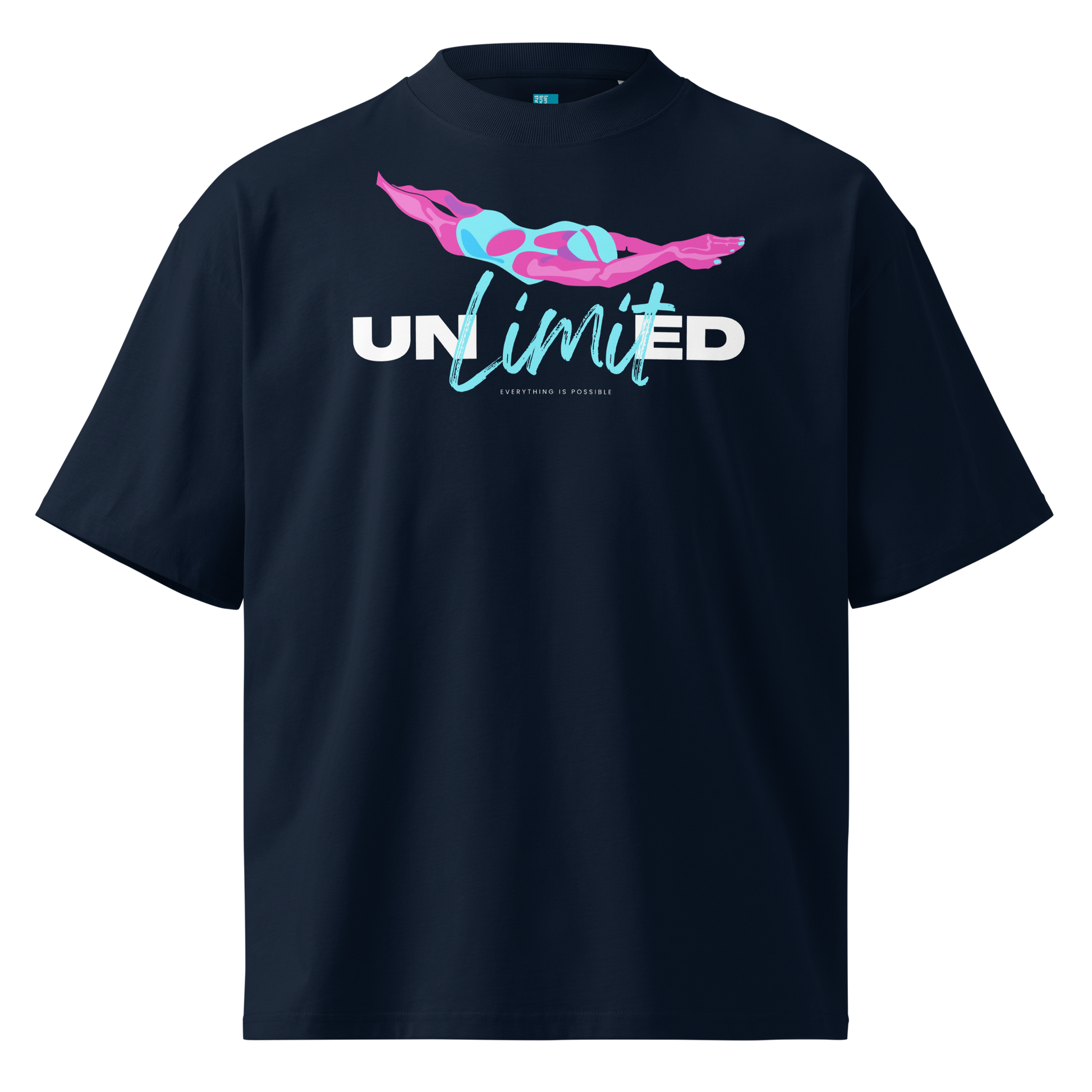A navy blue short-sleeve organic oversized t-shirt by Lane Line Threads with a graphic on the chest featuring a pink and blue female swimmer silhouette above the text 'UNlimited' in white and light blue.