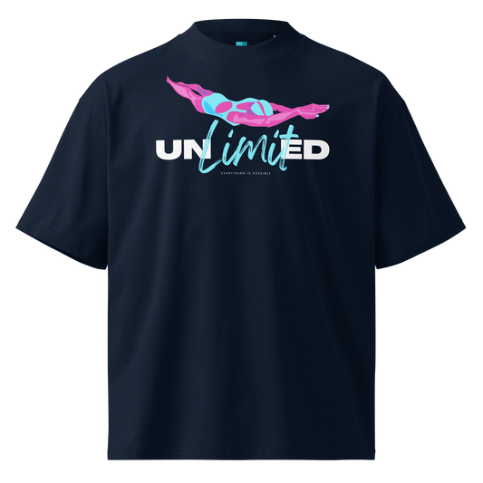 A navy blue short-sleeve organic oversized t-shirt by Lane Line Threads with a graphic on the chest featuring a pink and blue female swimmer silhouette above the text 'UNlimited' in white and light blue.