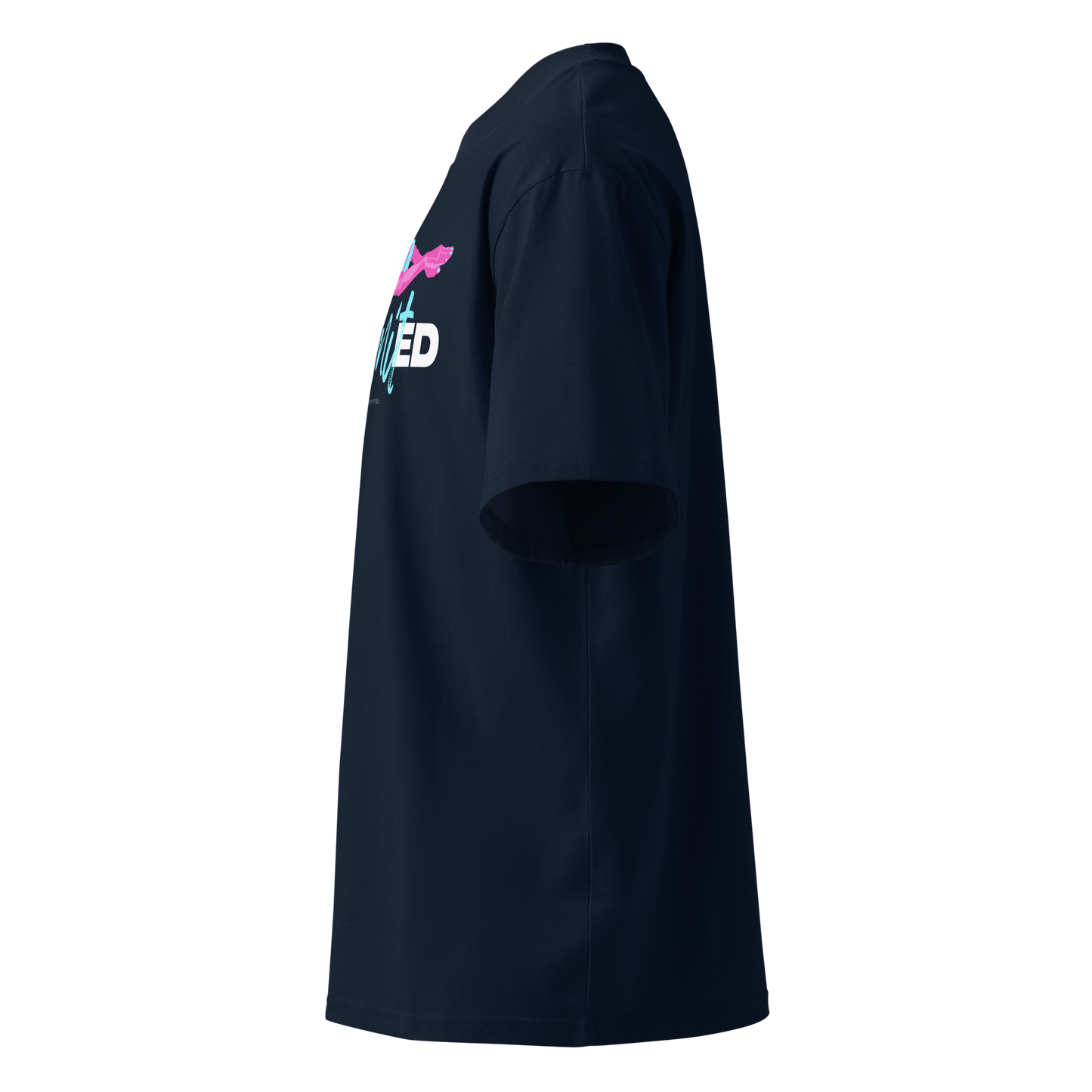 A navy blue short-sleeve organic oversized t-shirt by Lane Line Threads with a graphic on the chest featuring a pink and blue female swimmer silhouette above the text 'UNlimited' in white and light blue, shown from the left side.