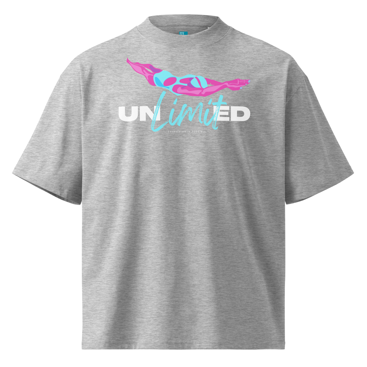 A heather gray short-sleeve organic oversized t-shirt by Lane Line Threads with a graphic on the chest featuring a pink and blue female swimmer silhouette above the text 'UNlimited' in white and light blue.