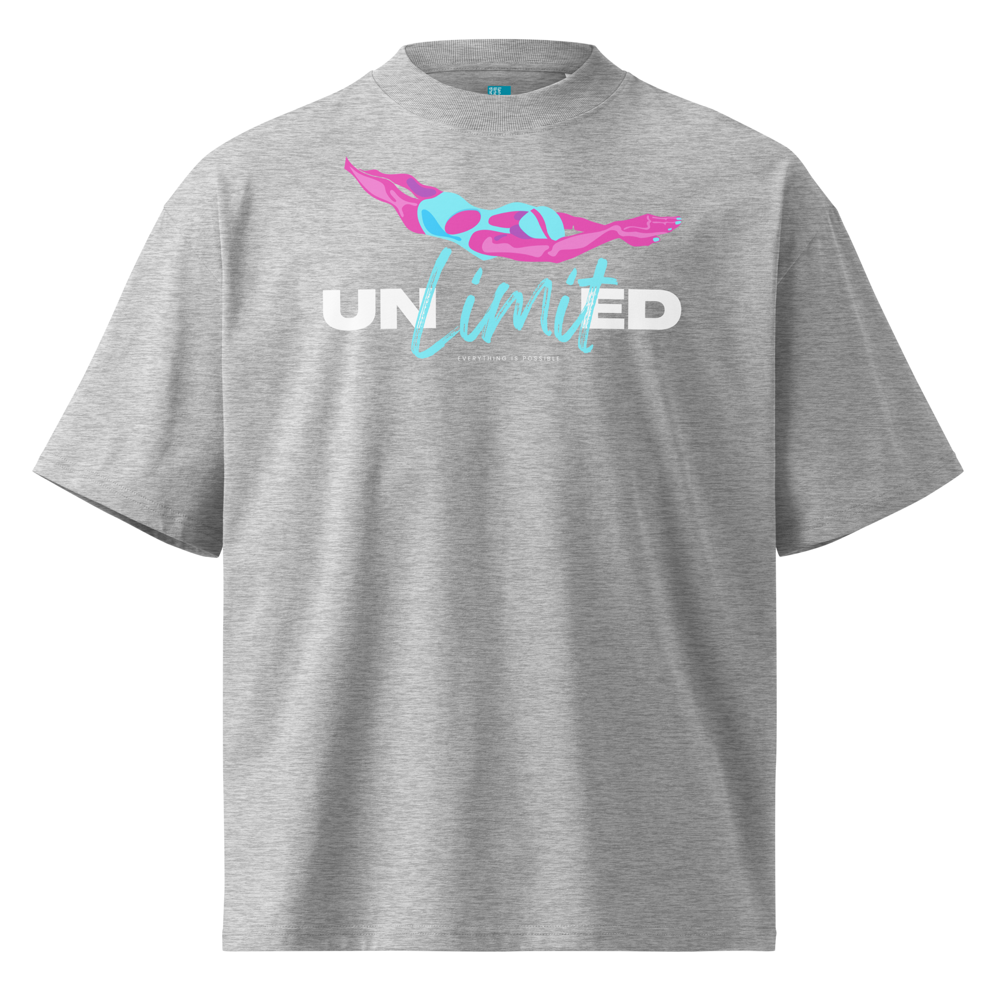 A heather gray short-sleeve organic oversized t-shirt by Lane Line Threads with a graphic on the chest featuring a pink and blue female swimmer silhouette above the text 'UNlimited' in white and light blue.