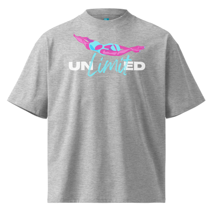 A heather gray short-sleeve organic oversized t-shirt by Lane Line Threads with a graphic on the chest featuring a pink and blue female swimmer silhouette above the text 'UNlimited' in white and light blue.