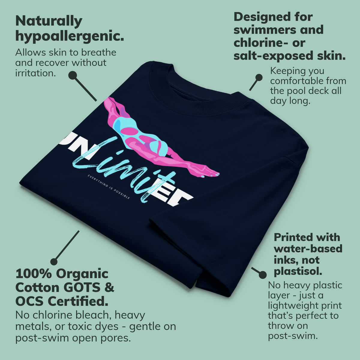 Organic oversized t-shirt with swimmer illustration and 'UNLIMITED' typography for post-swim comfort.