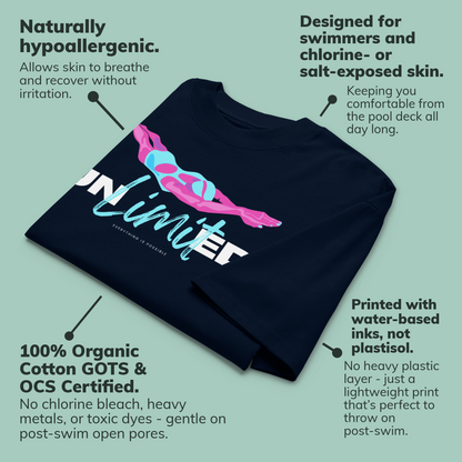 Organic oversized t-shirt with swimmer illustration and 'UNLIMITED' typography for post-swim comfort.