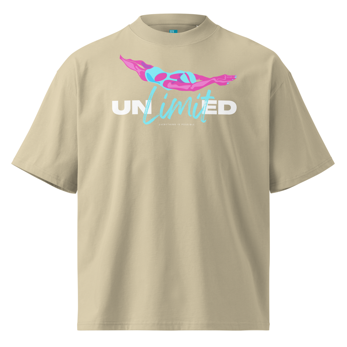 A beige short-sleeve organic oversized t-shirt by Lane Line Threads with a graphic on the chest featuring a pink and blue female swimmer silhouette above the text 'UNlimited' in white and light blue.