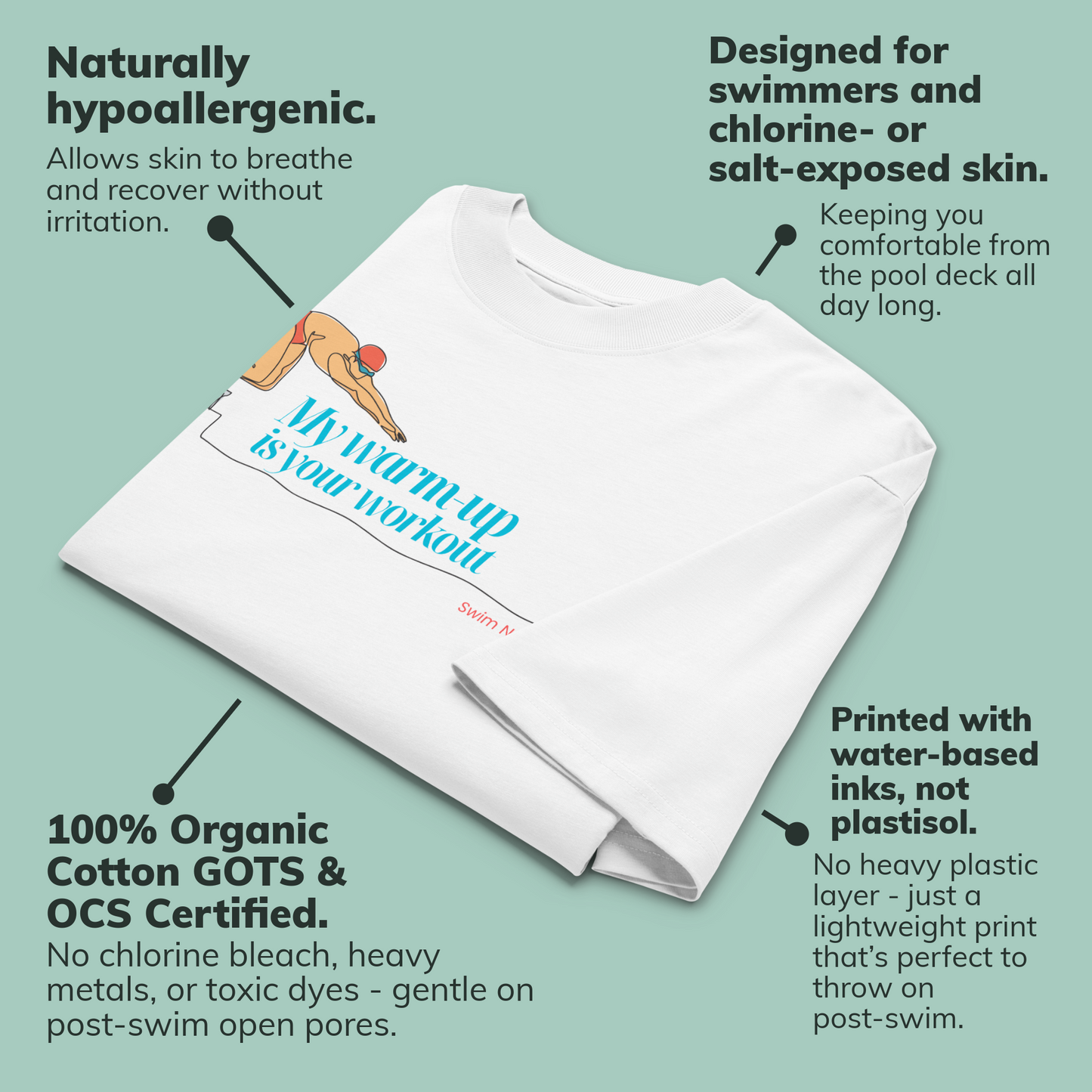 A folded white organic oversized t-shirt with a printed swim-themed graphic and text reading 'My warm-up is your workout' is shown on a pale green background with callout annotations describing product features and benefits.