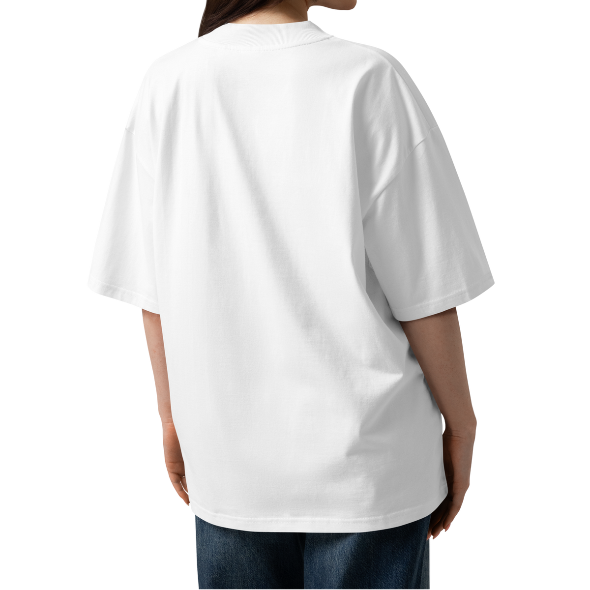 a woman wearing an organic oversized t-shirt for swimmers in white by Lane Line Threads, shown from the back.