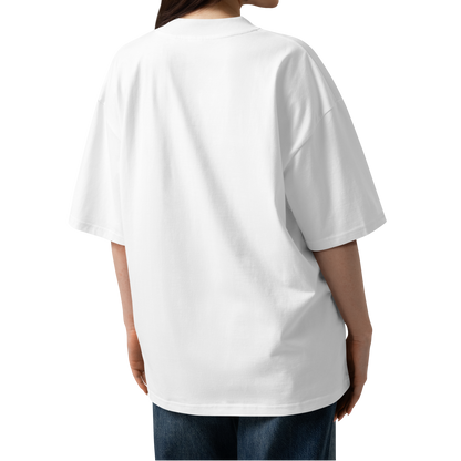 a woman wearing an organic oversized t-shirt for swimmers in white by Lane Line Threads, shown from the back.