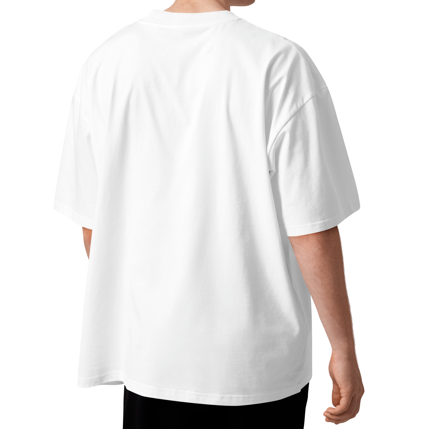 Person wearing a white oversized organic t-shirt by Lane Line Threads showing from the back on a white background