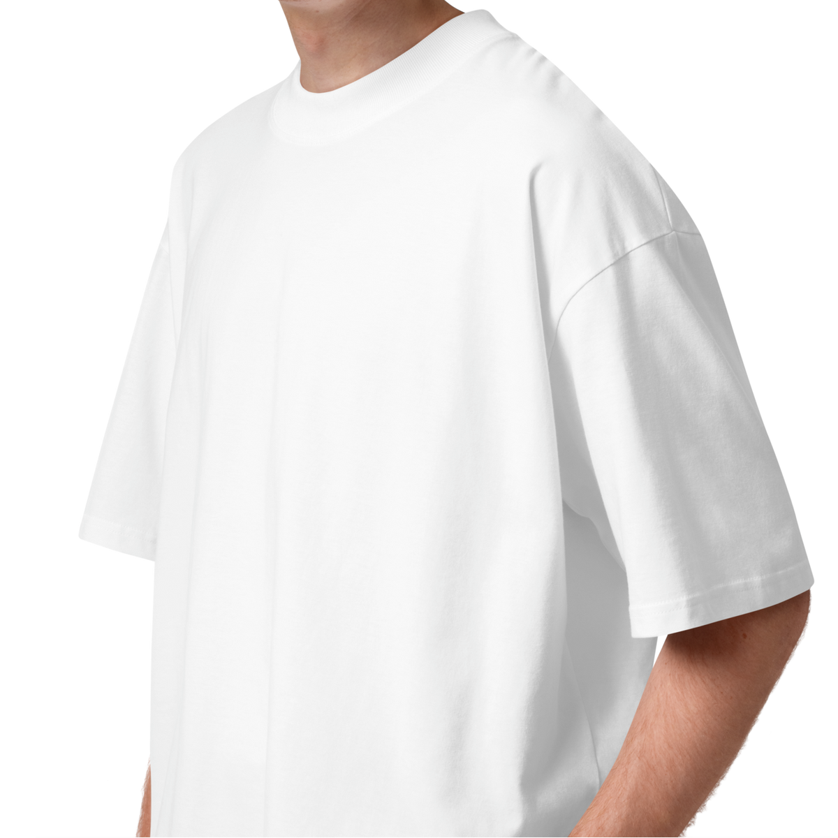 Person wearing a white organic oversized t-shirt by Lane Line Threads on a white background 