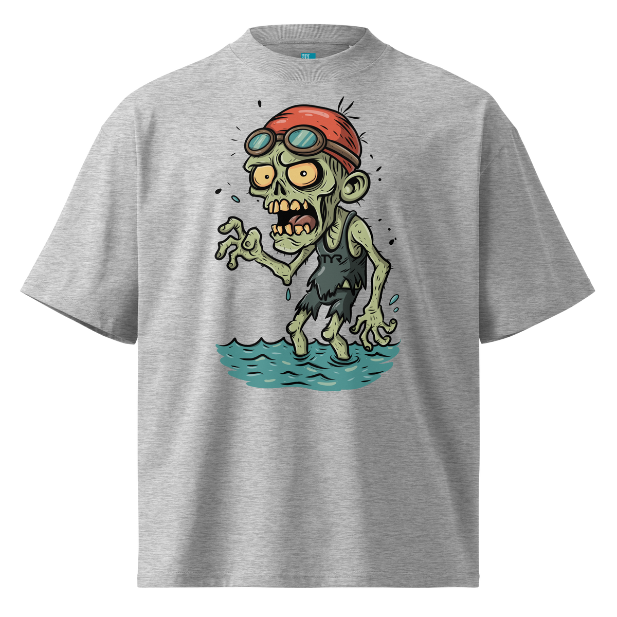 A grey short-sleeve crewneck organic oversized t-shirt by Lane Line Threads, featuring a cartoon graphic of a zombie wearing a red swim cap and goggles, standing in water.