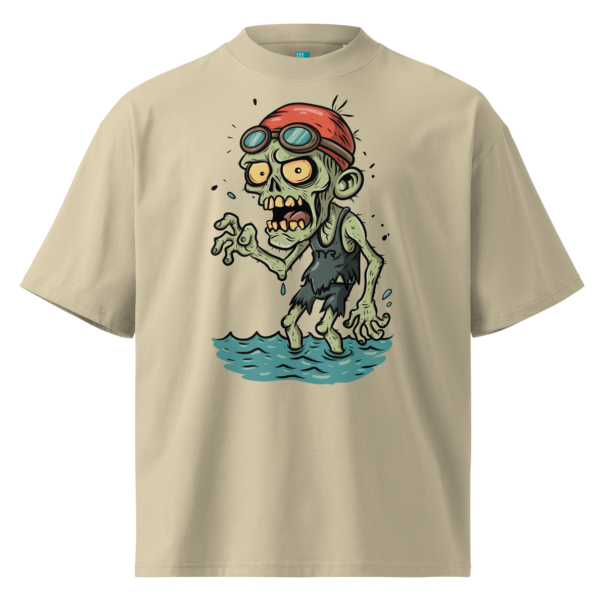 A beige short-sleeve crewneck organic oversized t-shirt by Lane Line Threads, featuring a cartoon graphic of a zombie wearing a red swim cap and goggles, standing in water.