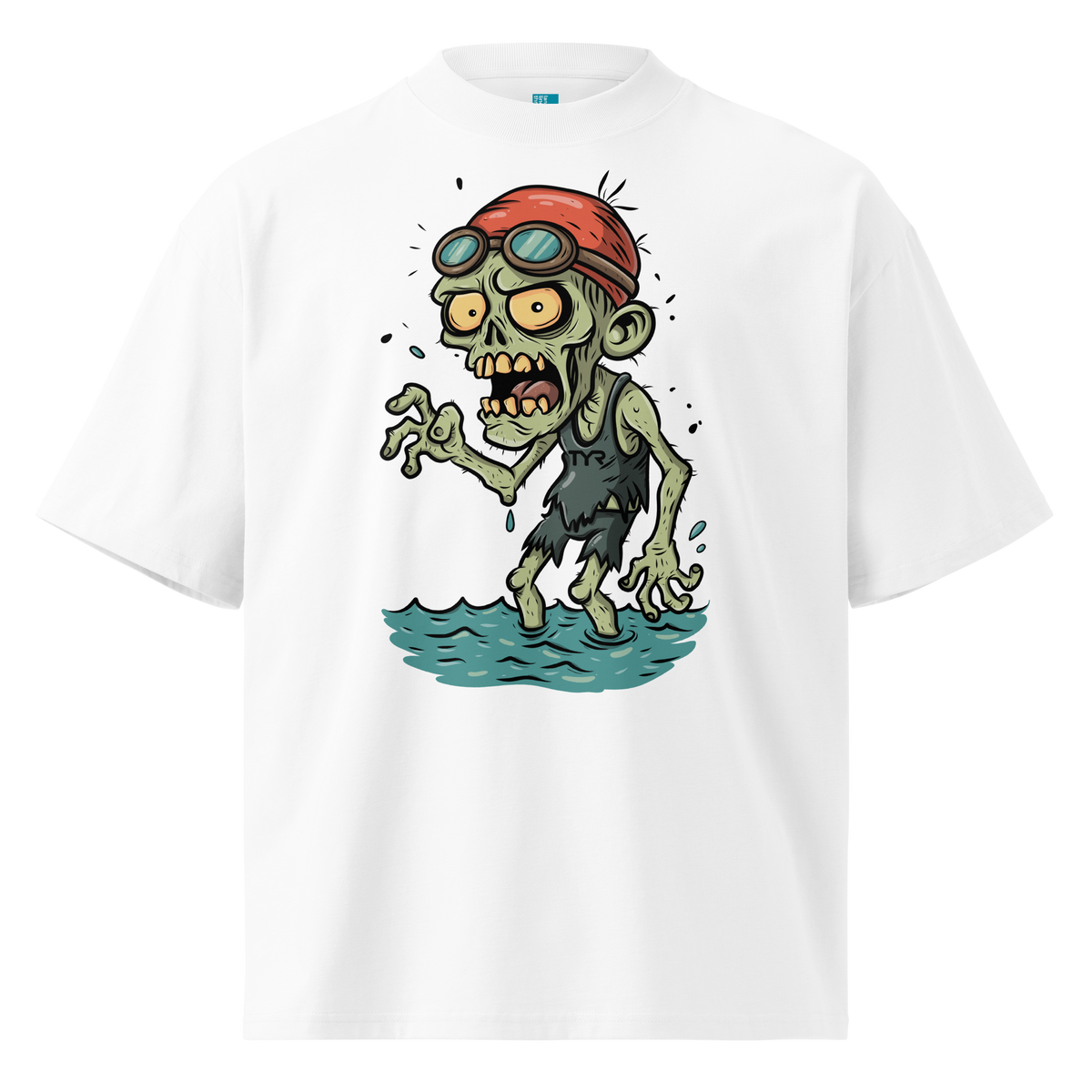 A white short-sleeve crewneck organic oversized t-shirt by Lane Line Threads, featuring a cartoon graphic of a zombie wearing a red swim cap and goggles, standing in water.
