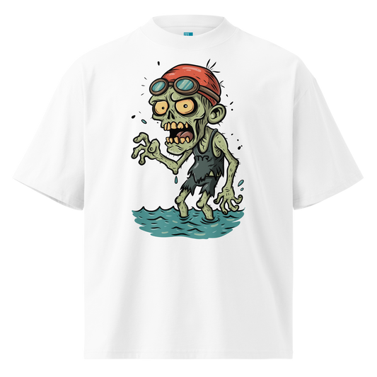 A white short-sleeve crewneck organic oversized t-shirt by Lane Line Threads, featuring a cartoon graphic of a zombie wearing a red swim cap and goggles, standing in water.
