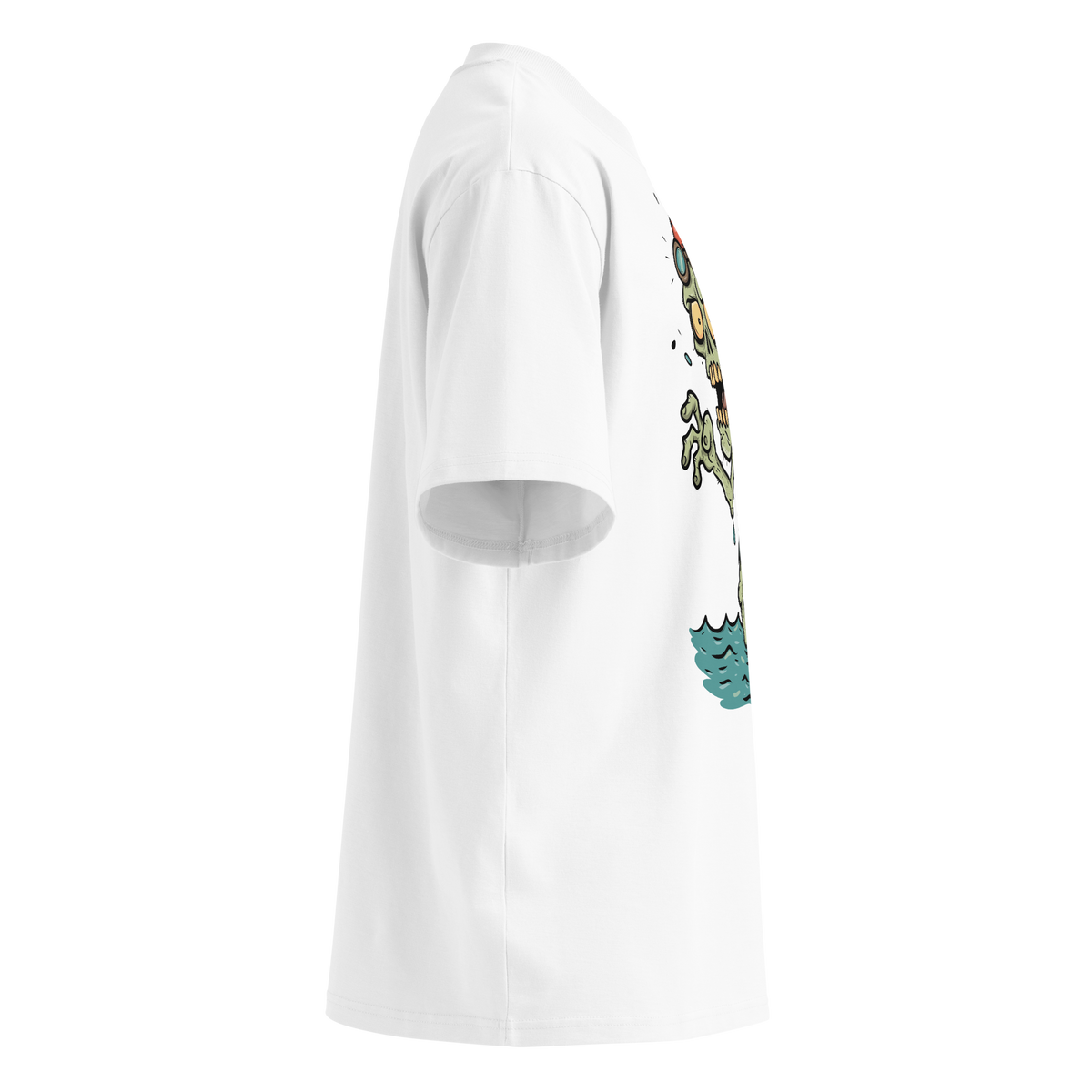 A white short-sleeve crewneck organic oversized t-shirt by Lane Line Threads, featuring a cartoon graphic of a zombie wearing a red swim cap and goggles, standing in water, shown from the right side.