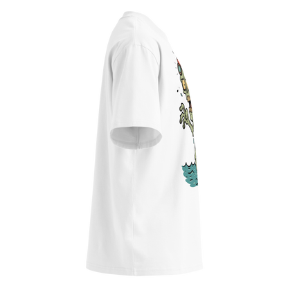 A white short-sleeve crewneck organic oversized t-shirt by Lane Line Threads, featuring a cartoon graphic of a zombie wearing a red swim cap and goggles, standing in water, shown from the right side.