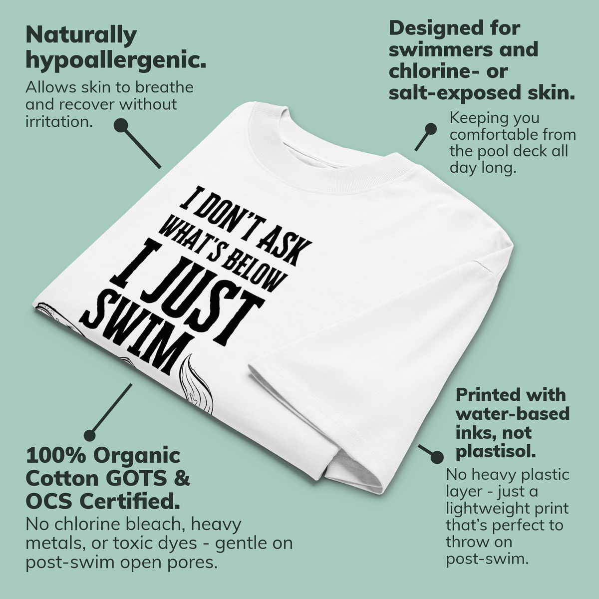 A white short-sleeve organic oversized t-shirt with large black text reading 'I DON'T ASK WHAT'S BELOW I JUST SWIM' on a light teal background with callout text describing product benefits.