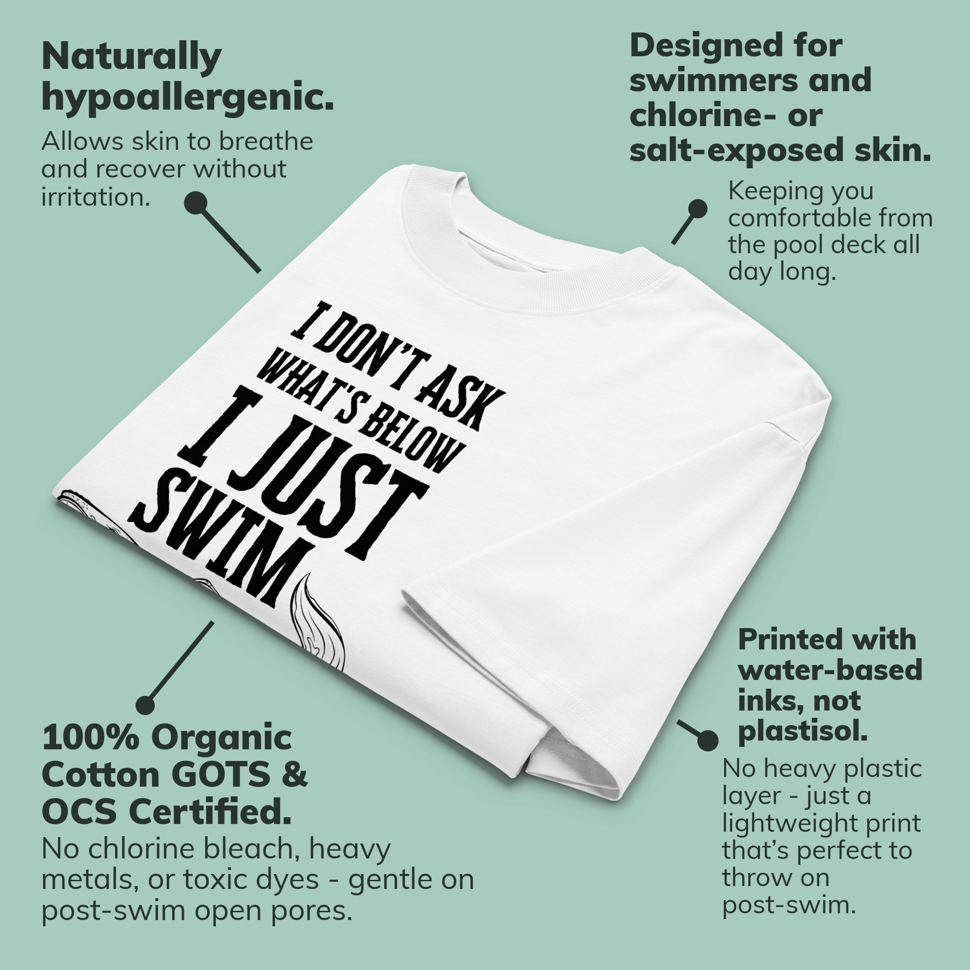 A white short-sleeve organic oversized t-shirt with large black text reading 'I DON'T ASK WHAT'S BELOW I JUST SWIM' on a light teal background with callout text describing product benefits.