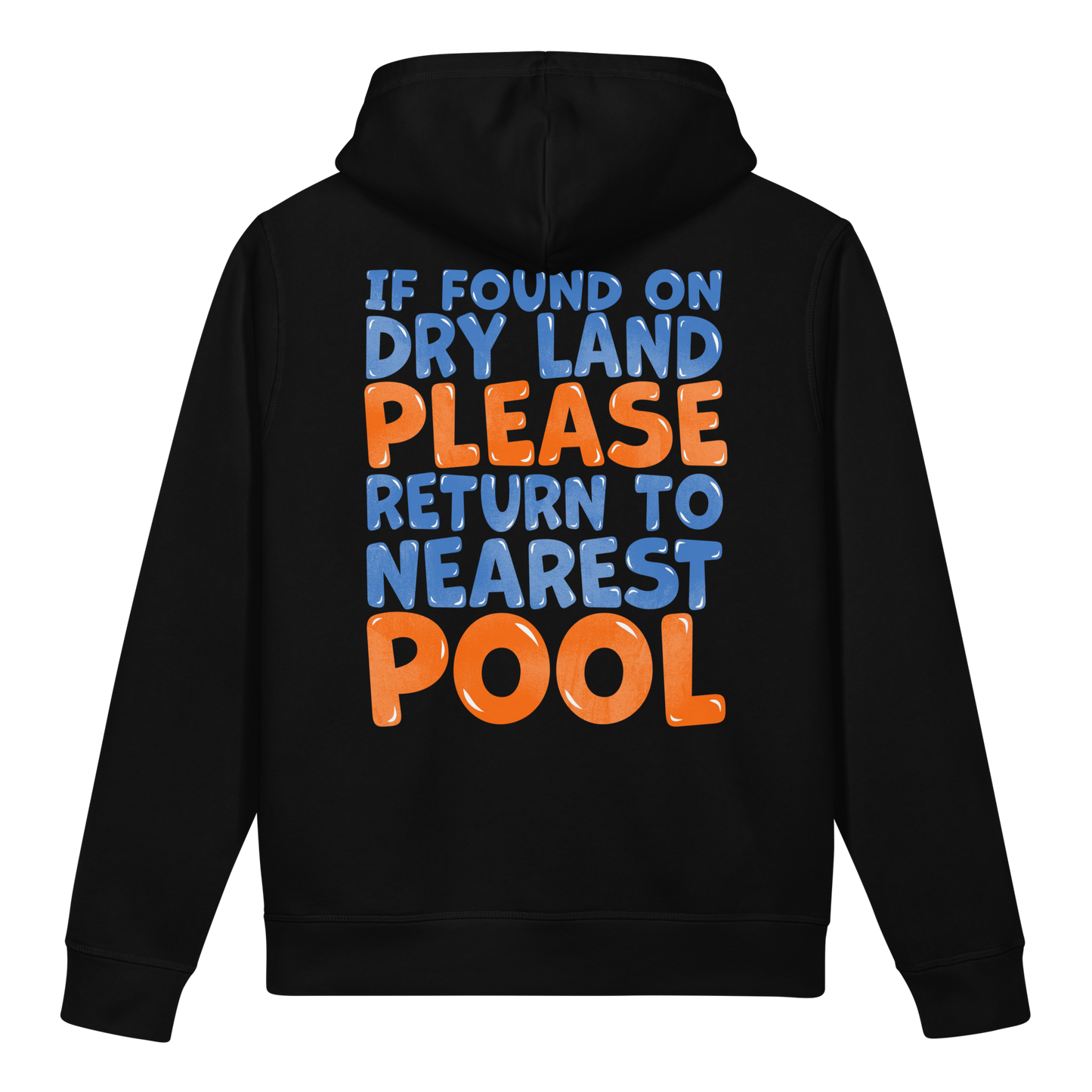Black organic post swim hoodie for swimmers with sensitive skin with colorful swimmers' humor text on the back on a white background
