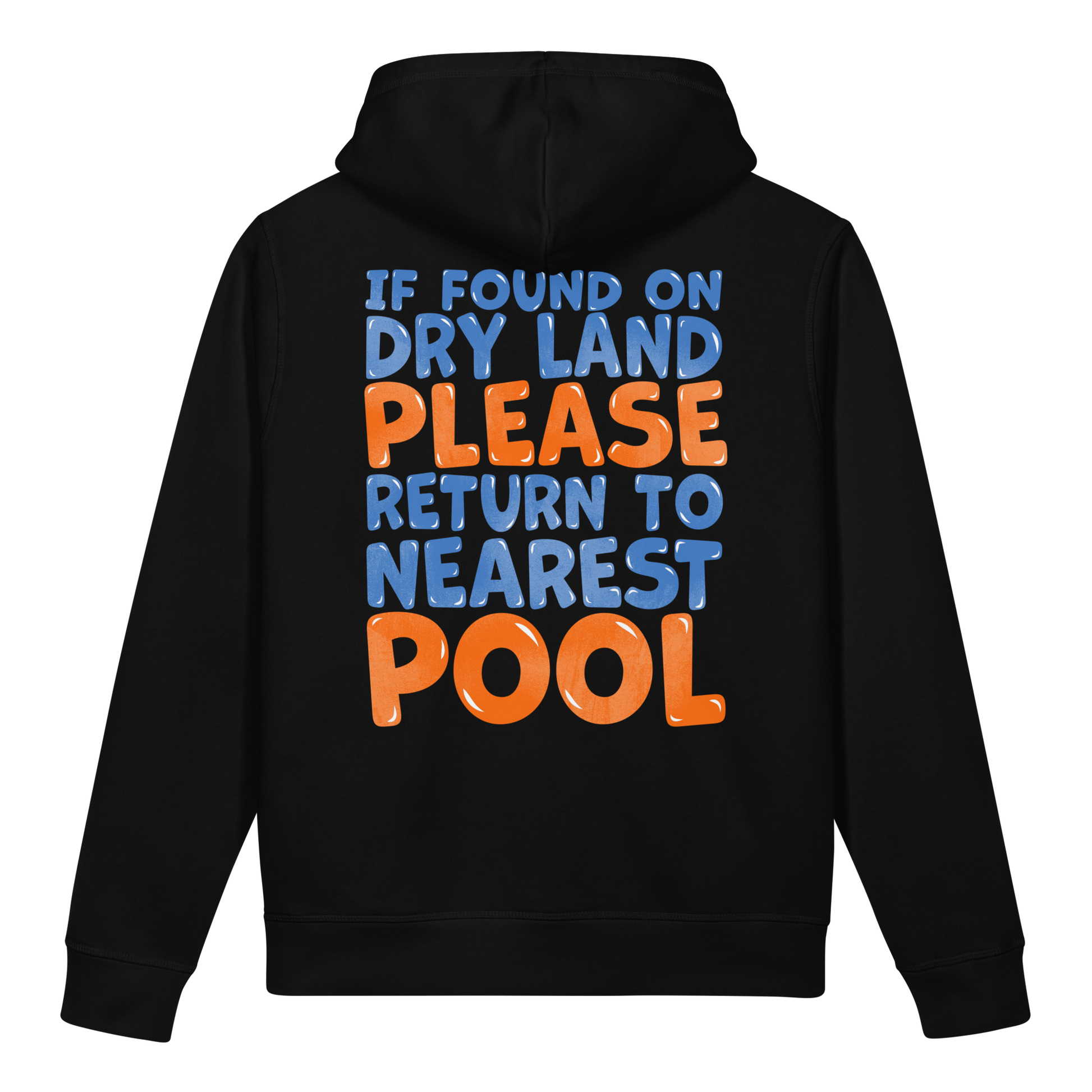 Black organic post swim hoodie for swimmers with sensitive skin with colorful swimmers' humor text on the back on a white background