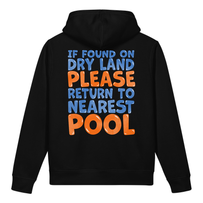 Black organic post swim hoodie for swimmers with sensitive skin with colorful swimmers' humor text on the back on a white background