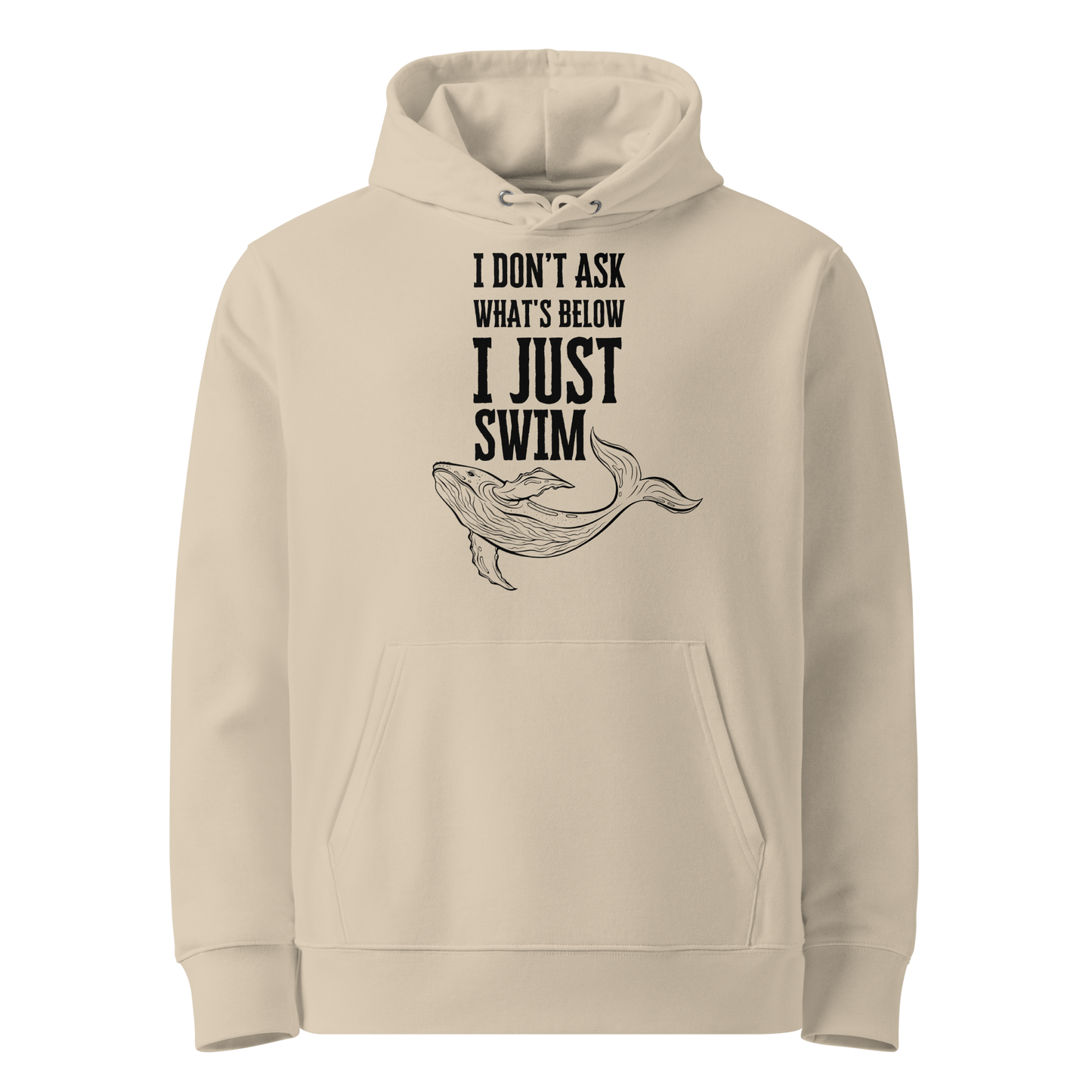 Beige post-swim organic hoodie with open-water swim themed black text and whale graphic on a white background