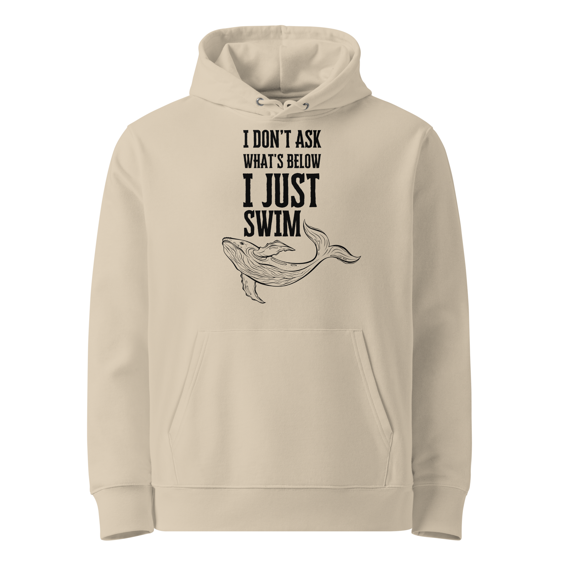 Beige post-swim organic hoodie with open-water swim themed black text and whale graphic on a white background