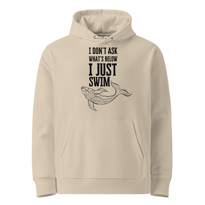 Beige post-swim organic hoodie with open-water swim themed black text and whale graphic on a white background