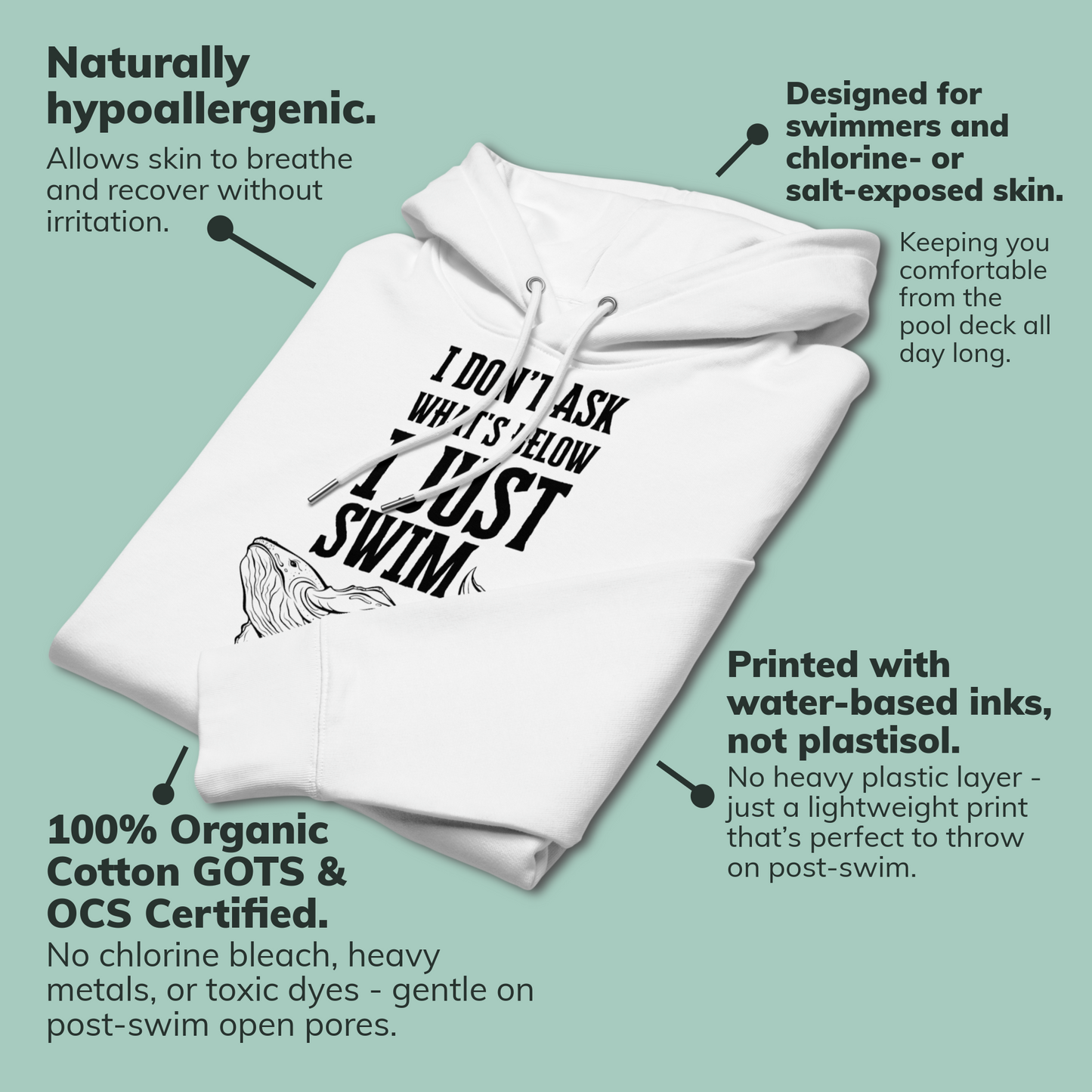 Folded white post-swim organic hoodie with open water swim themed text and whale graphics on a light green background featuring product benefits for swimmers' skin health