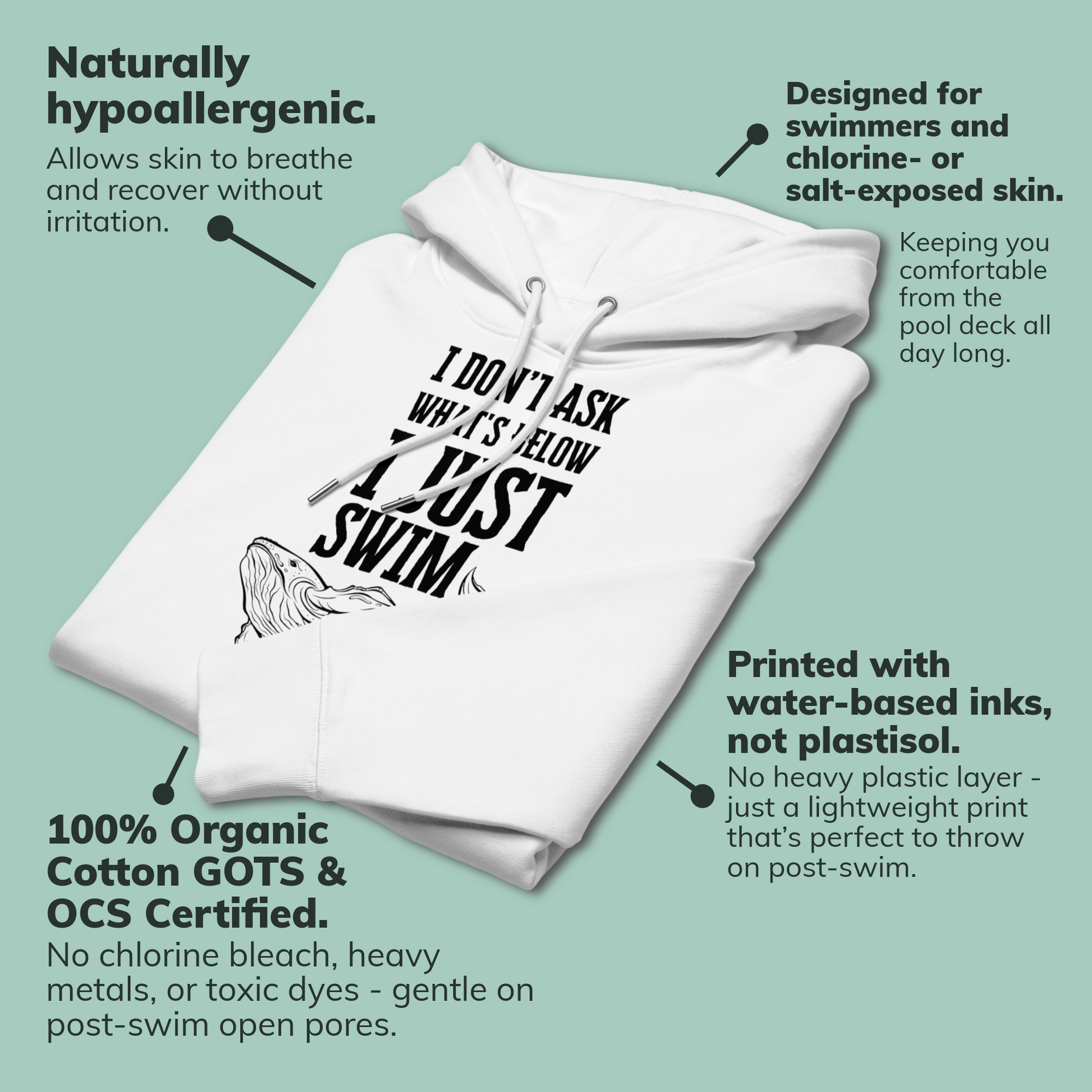 Folded white post-swim organic hoodie with open water swim themed text and whale graphics on a light green background featuring product benefits for swimmers' skin health