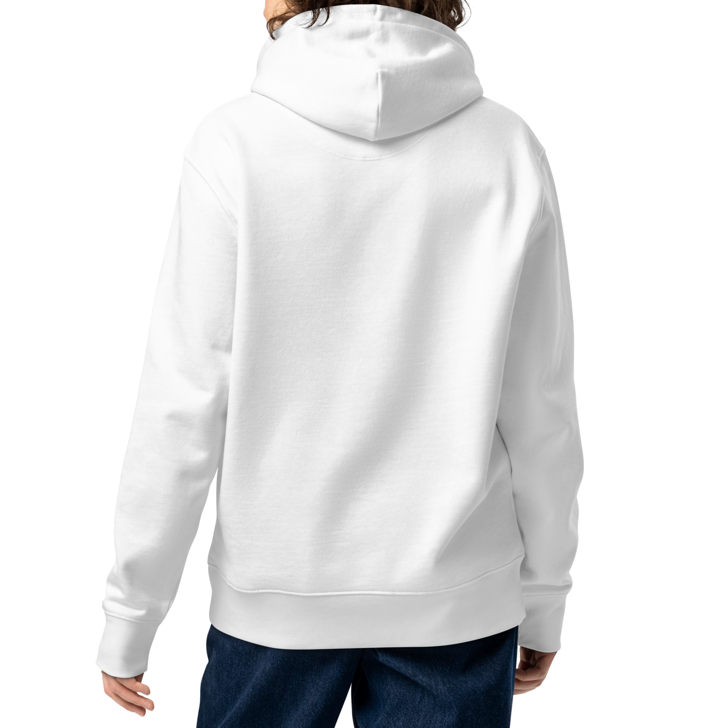 Person wearing a white post-swim organic hoodie on a white background