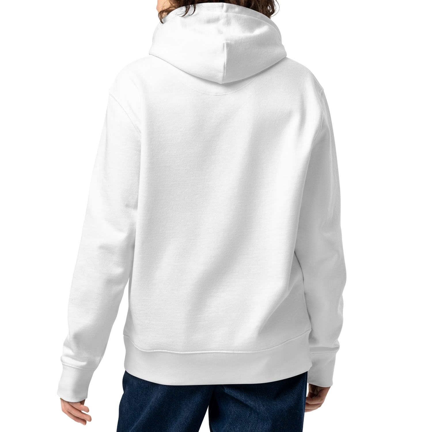 Person wearing a white organic post-swim hoodie on a white background