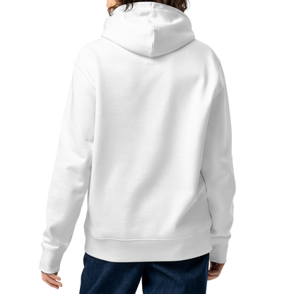 Person wearing a white post-swim organic hoodie on a white background