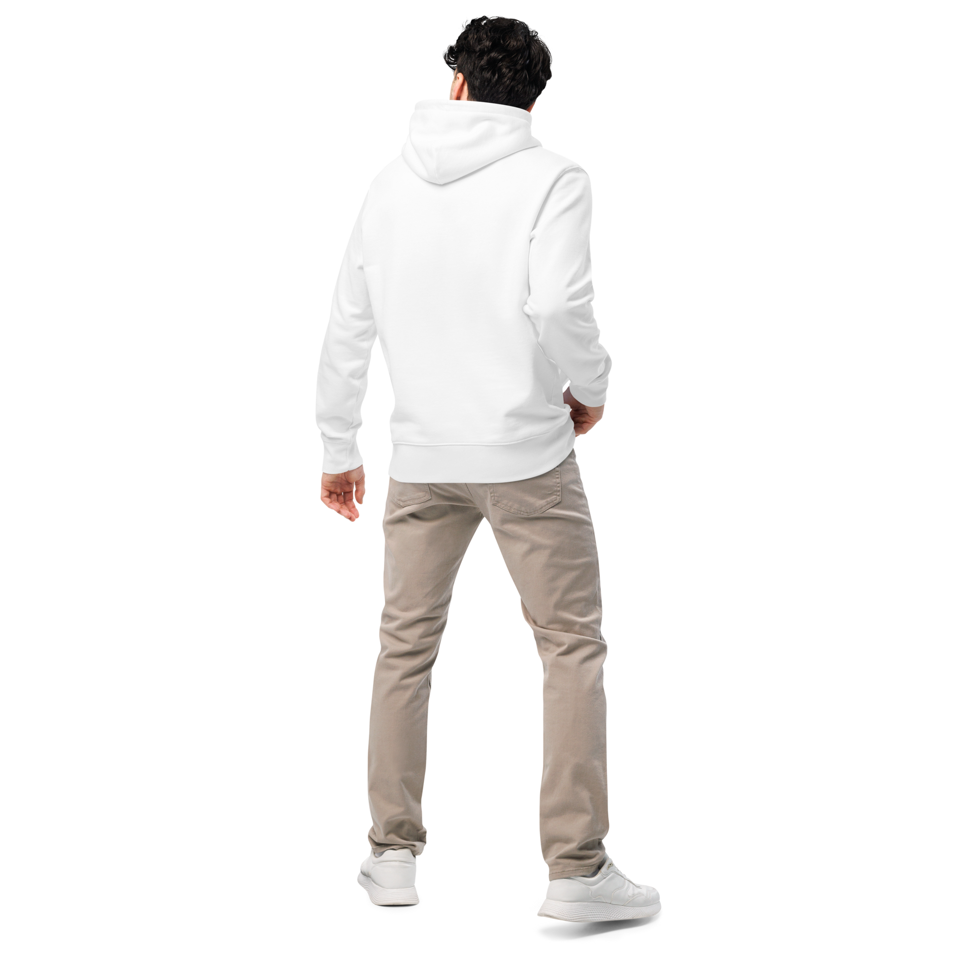 Person wearing a white post swim organic hoodie and beige pants on a white background