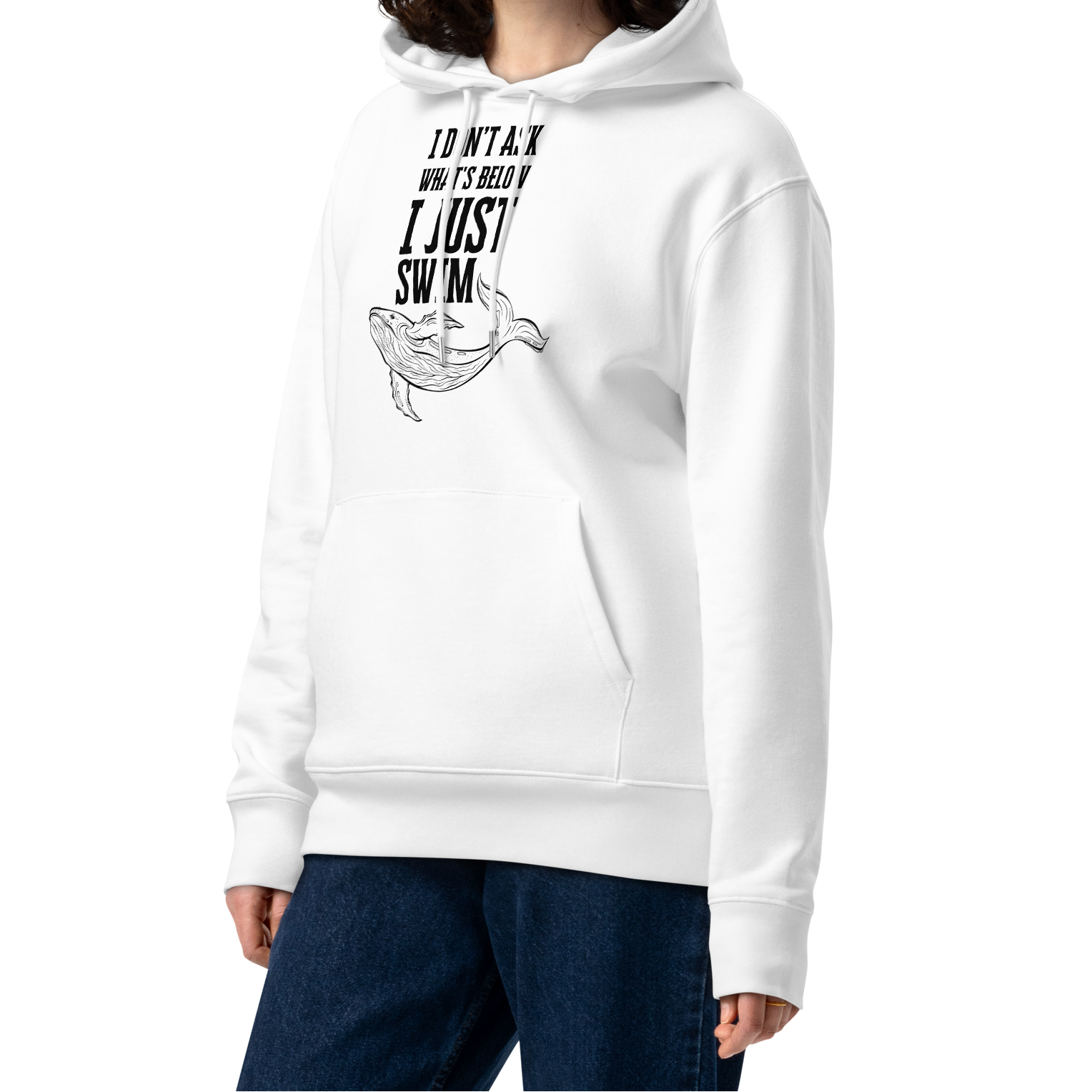 Person wearing a white post swim organic hoodie with open water swim themed text and whale graphic design on a white background