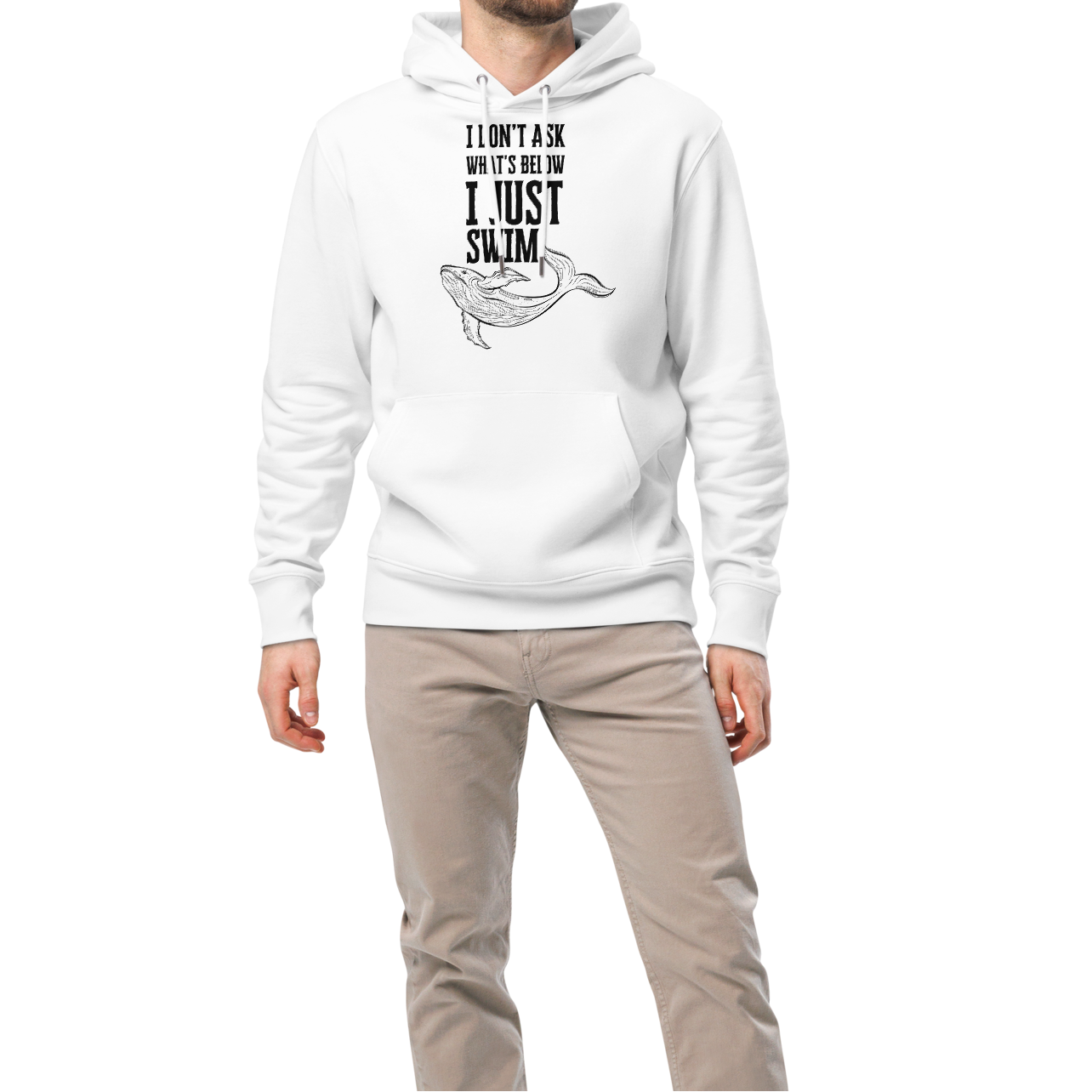 Man wearing a white post swim organic hoodie with open water swim themed text and whale graphics on a white background