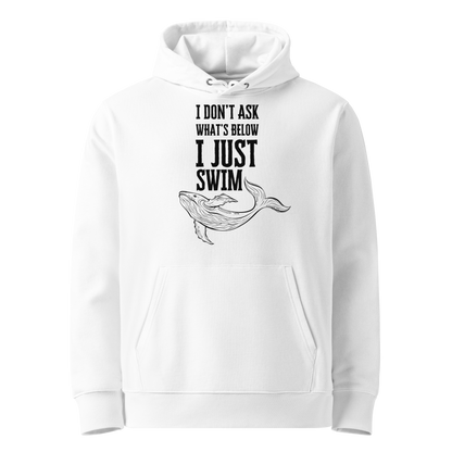 White post swim organic hoodie with a open-water swim themed graphic of a whale, and text 'I don't ask what's below' on a white background.