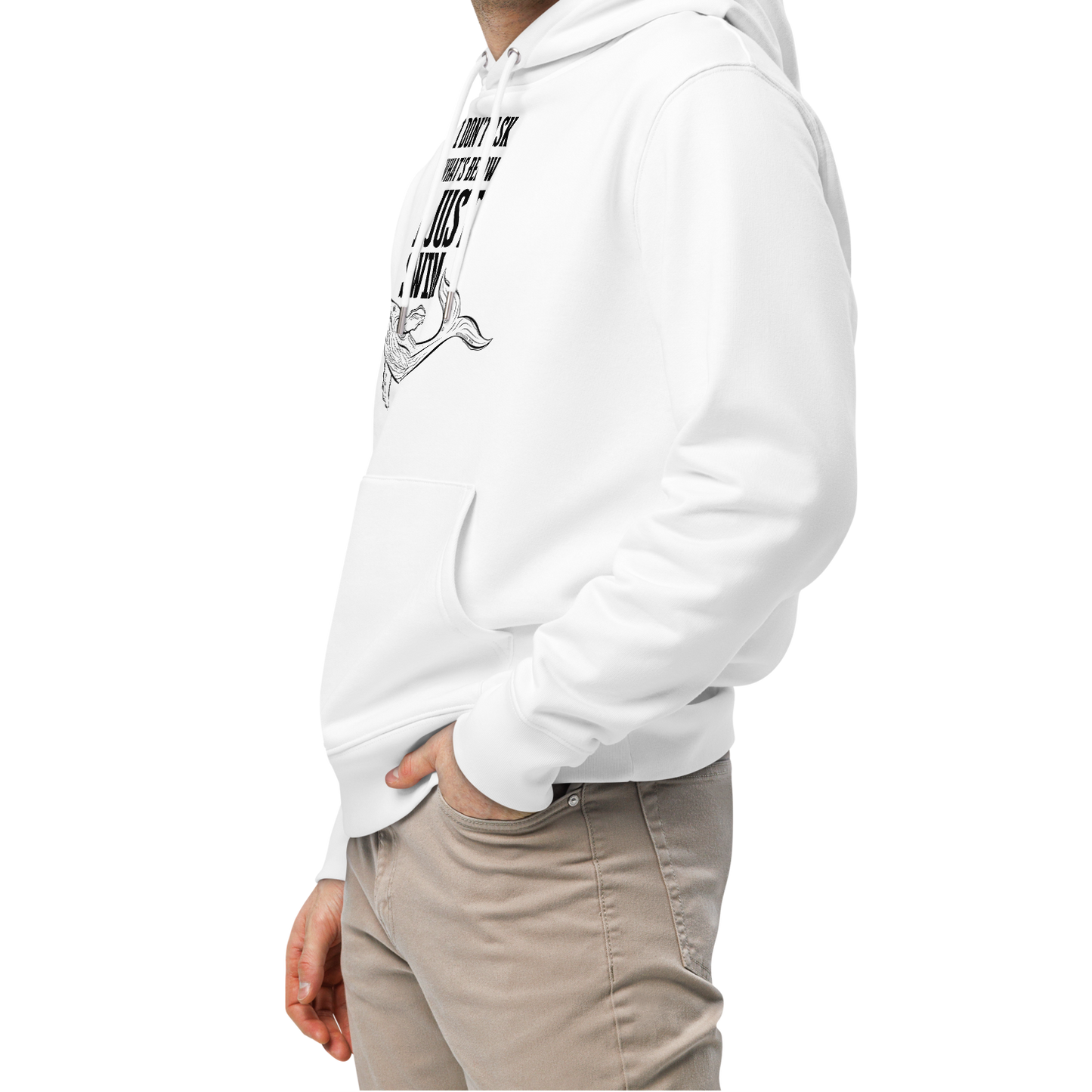 Man wearing a white post swim organic hoodie with open water swim themed text on a white background
