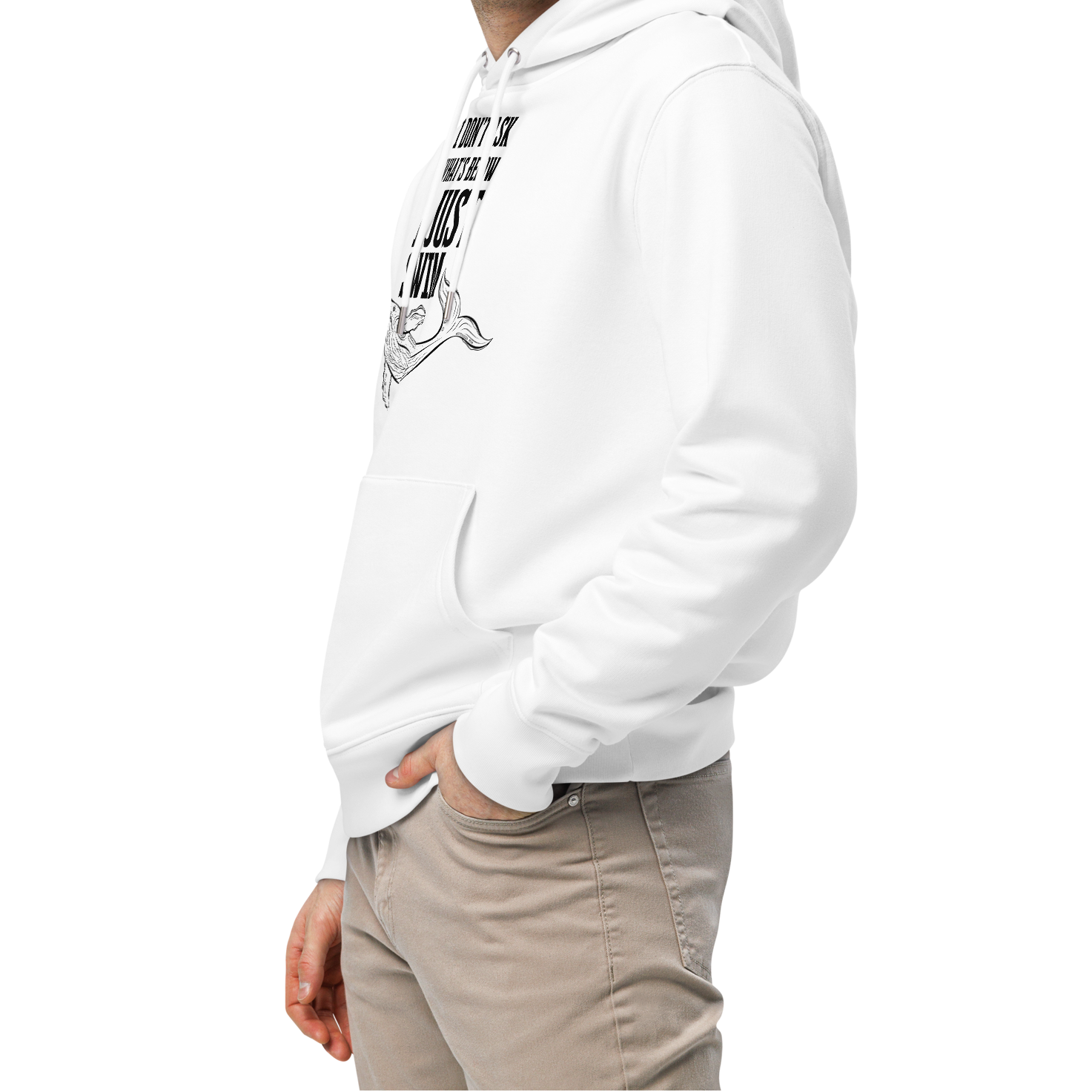 Man wearing a white post swim organic hoodie with open water swim themed text on a white background