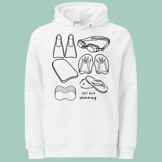 White post swim organic hoodie with black swim gear illustrations and text on a light green background