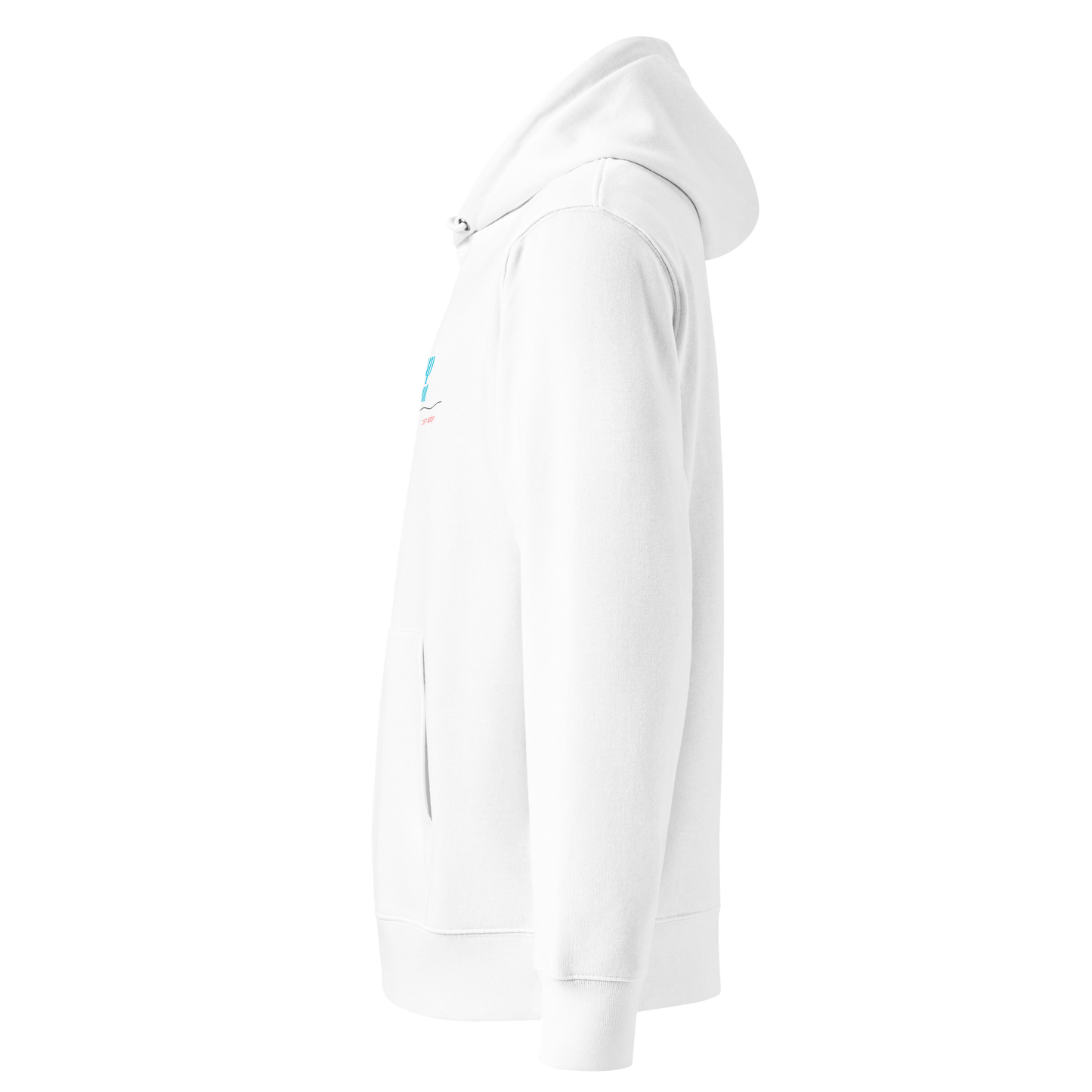 White organic hoodie with swim themed text and Lane Line Threads logo on a white background