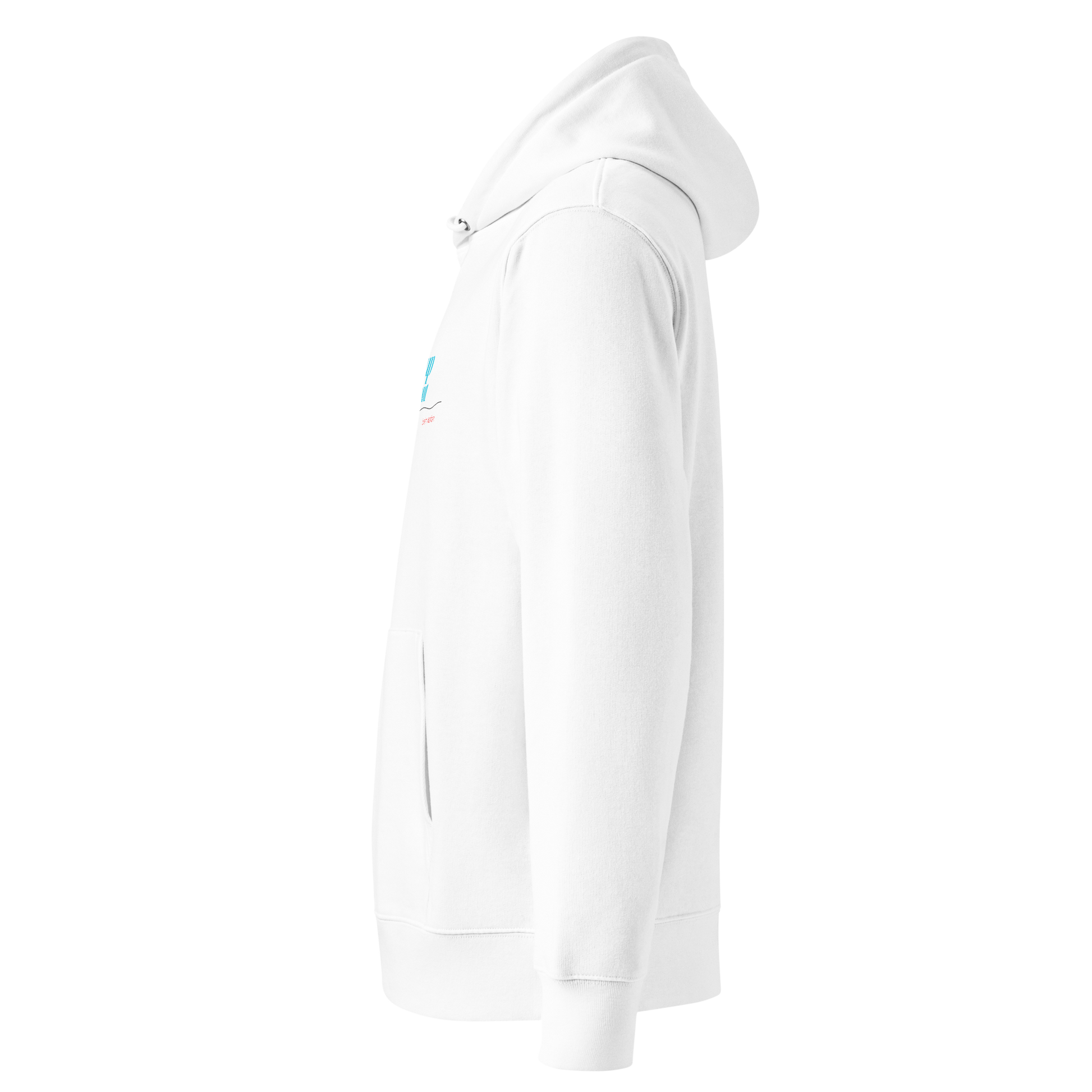 White organic hoodie with swim themed text and Lane Line Threads logo on a white background