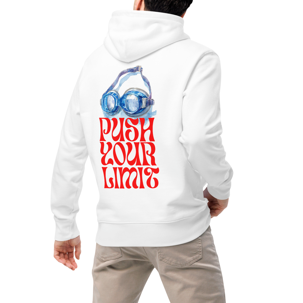 Model wearing an organic hoodie with a swimming goggles design and 'PUSH YOUR LIMIT' text on the back.