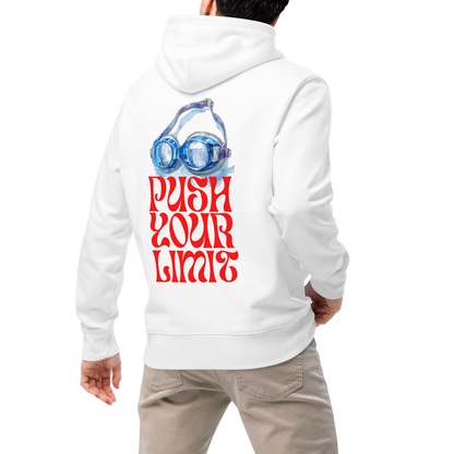 Model wearing an organic hoodie with a swimming goggles design and 'PUSH YOUR LIMIT' text on the back.