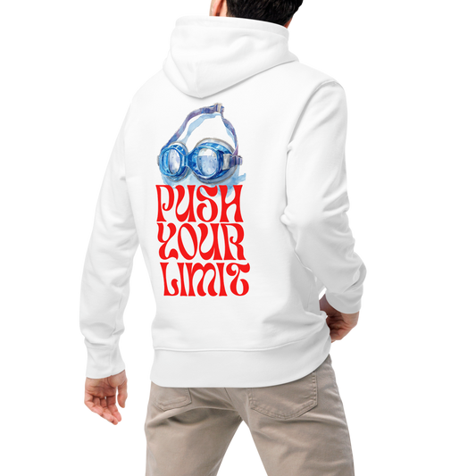 Model wearing an organic hoodie with a swimming goggles design and 'PUSH YOUR LIMIT' text on the back.